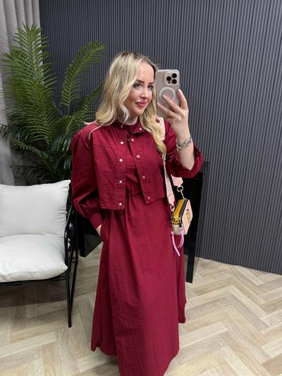 Palmiye Paraşüt Kumaş Ceketli Elbiseli Takım Bordo