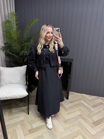 Palmiye Paraşüt Kumaş Ceketli Elbiseli Takım Siyah