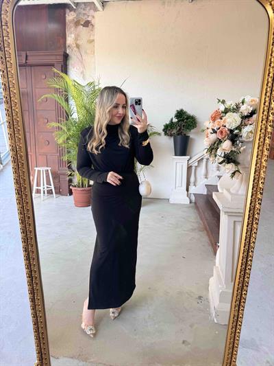 Pamela Vatkalı Degaje Yaka Tasarım Elbise Siyah