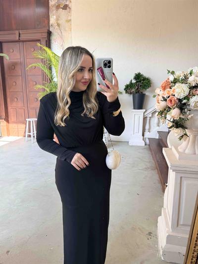 Pamela Vatkalı Degaje Yaka Tasarım Elbise Siyah