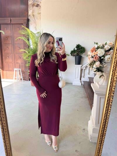 Pamela Vatkalı Degaje Yaka Tasarım Elbise Bordo