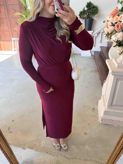 Pamela Vatkalı Degaje Yaka Tasarım Elbise Bordo