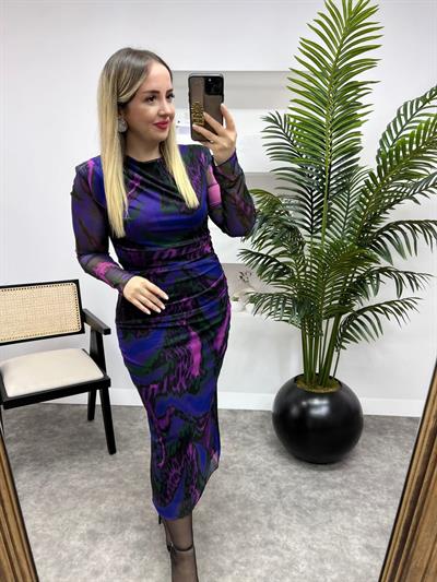 Pamela Vatkalı Mor Desenli Tasarım Tül Elbise