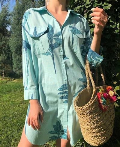 Pamuk Keten Yaprak Desen Gömlek Mavi