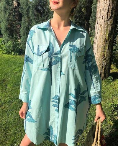 Pamuk Keten Yaprak Desen Gömlek Mavi