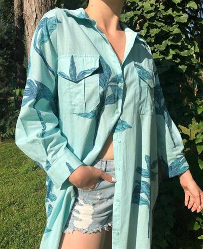 Pamuk Keten Yaprak Desen Gömlek Mavi