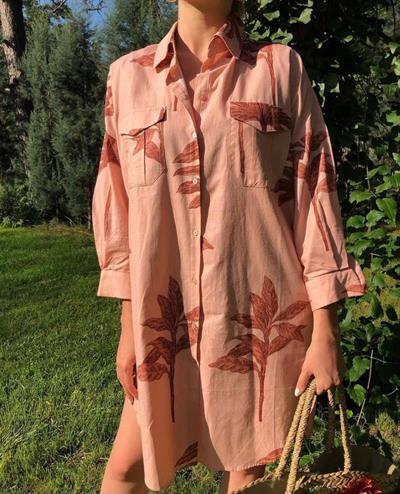 Pamuk Keten Yaprak Desen Gömlek Pembe