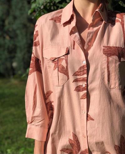 Pamuk Keten Yaprak Desen Gömlek Pembe