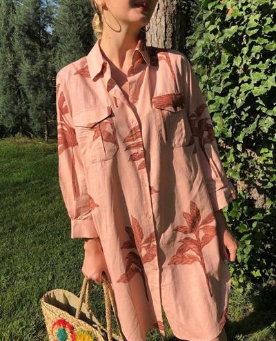 Pamuk Keten Yaprak Desen Gömlek Pembe