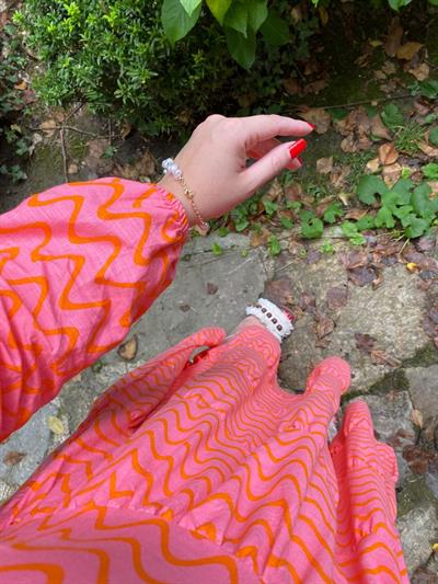 Pamuk Kumaş Turuncu Pembe Desen Elbise