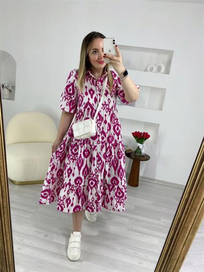 Pamuk Poplin Desenli Elbise Pembe