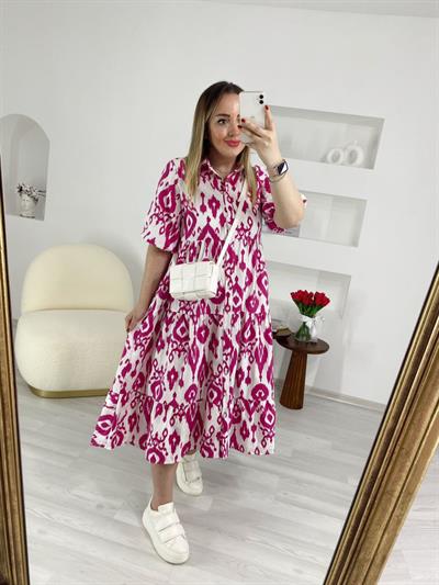 Pamuk Poplin Desenli Elbise Pembe