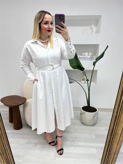 Pamuk Saten Rahat Kalıp Elbise Beyaz