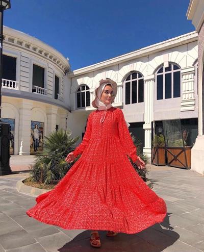 Pamuk Viskon Çiçekli Kirmizi Elbise
