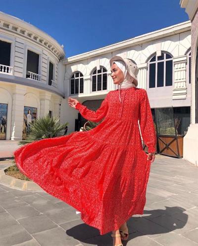Pamuk Viskon Çiçekli Kirmizi Elbise