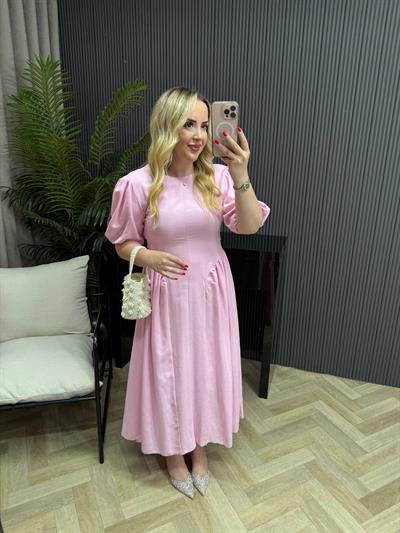 Papatya Balon Kol Arkadan Bağlamalı Elbise Pudra