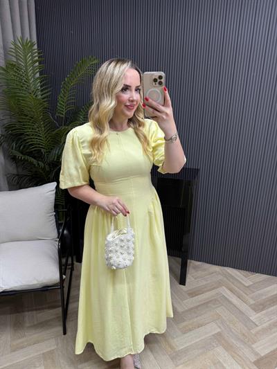 Papatya Balon Kol Arkadan Bağlamalı Elbise Sarı