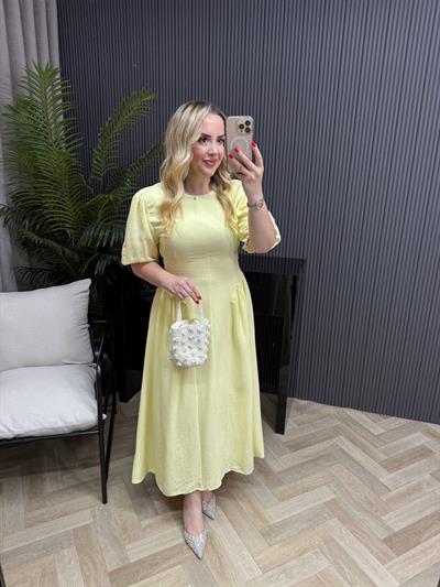 Papatya Balon Kol Arkadan Bağlamalı Elbise Sarı