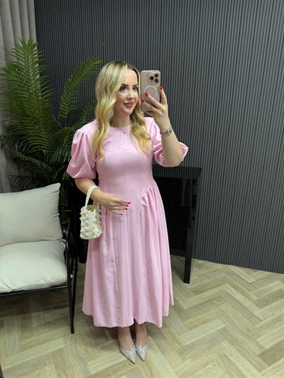 Papatya Balon Kol Arkadan Bağlamalı Elbise Pudra