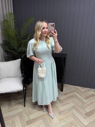 Papatya Balon Kol Arkadan Bağlamalı Elbise Mint Yeşil