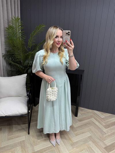 Papatya Balon Kol Arkadan Bağlamalı Elbise Mint Yeşil