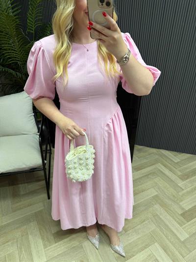 Papatya Balon Kol Arkadan Bağlamalı Elbise Pudra