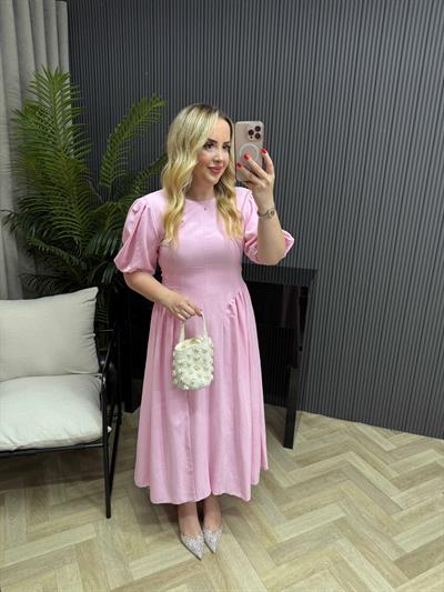 Papatya Balon Kol Arkadan Bağlamalı Elbise Pudra