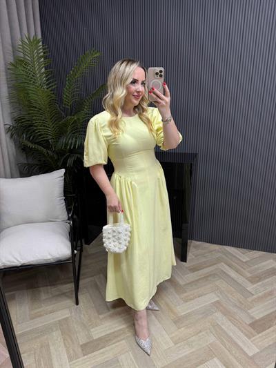 Papatya Balon Kol Arkadan Bağlamalı Elbise Sarı