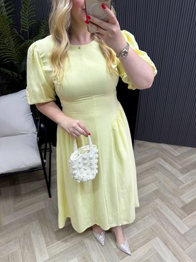 Papatya Balon Kol Arkadan Bağlamalı Elbise Sarı