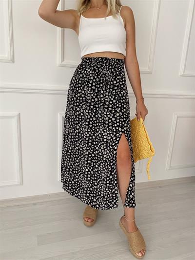 Papatya Desen Siyah Beli Lastıklı Etek