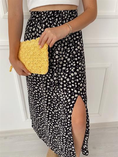 Papatya Desen Siyah Beli Lastıklı Etek