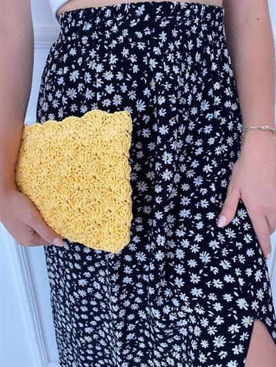 Papatya Desen Siyah Beli Lastıklı Etek