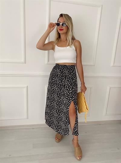Papatya Desen Siyah Beli Lastıklı Etek