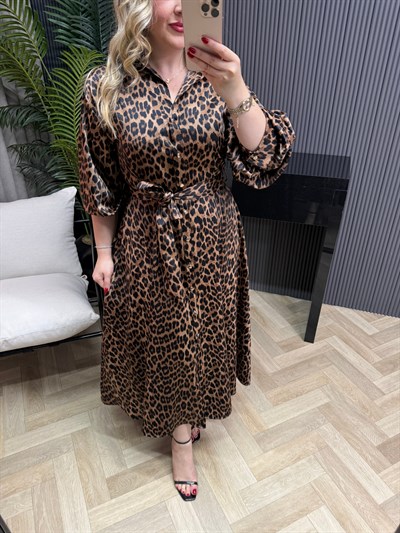 Paris Balon Kol Önden Düğmeli Leopar Saten Elbise  