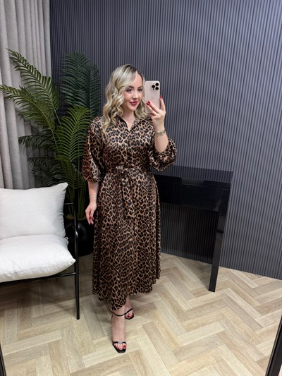 Paris Balon Kol Önden Düğmeli Leopar Saten Elbise  