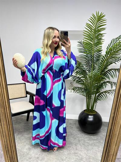 Parla Belden Büzgülü Mavi Pembe Desenli