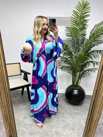 Parla Belden Büzgülü Mavi Pembe Desenli