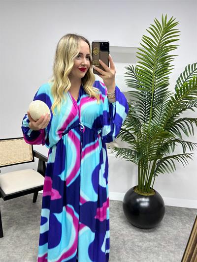 Parla Belden Büzgülü Mavi Pembe Desenli