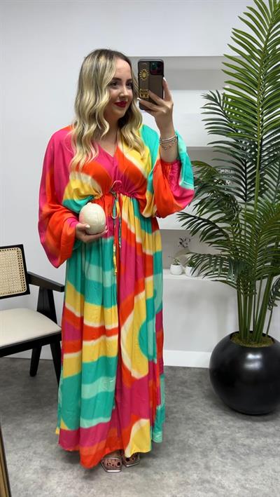 Parla Belden Büzgülü Turuncu Sarı Desenli Elbise