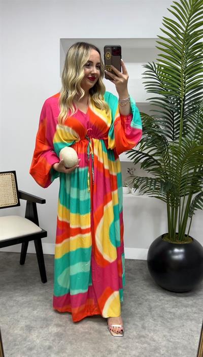 Parla Belden Büzgülü Turuncu Sarı Desenli Elbise