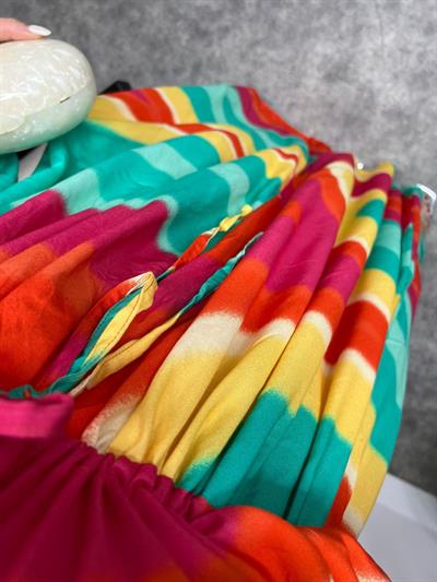 Parla Belden Büzgülü Turuncu Sarı Desenli Elbise