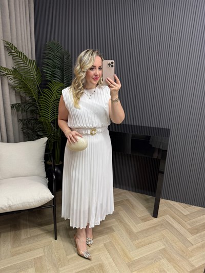 Parla Beli Lastikli Kemer Detaylı Pilise Elbise Beyaz