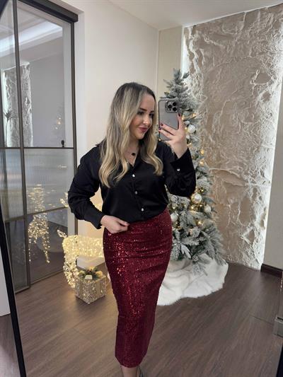 Payet Etek Midi Bordo