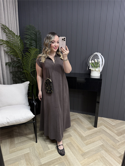 Pelo Yakalı Rahat Kalıp Modal Elbise Acı Kahve