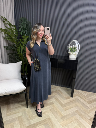 Pelo Yakalı Rahat Kalıp Modal Elbise Lacivert