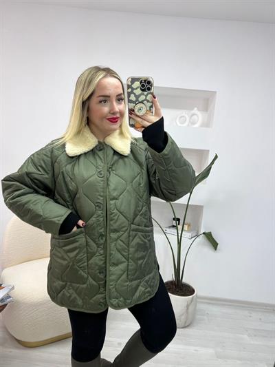 Peluş Yaka Haki Kapitone Mont