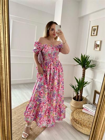 Çiçek Detaylı Balon Kol Pembe Elbise