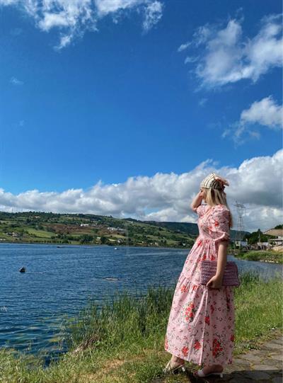 Pembe Balon Kol Çiçekli Elbise