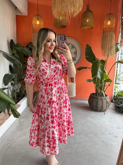 Pembe Çiçekli Beli Lastıklı Elbise