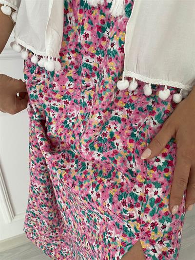 Pembe Çitir Desen Beli Lastikli Etek